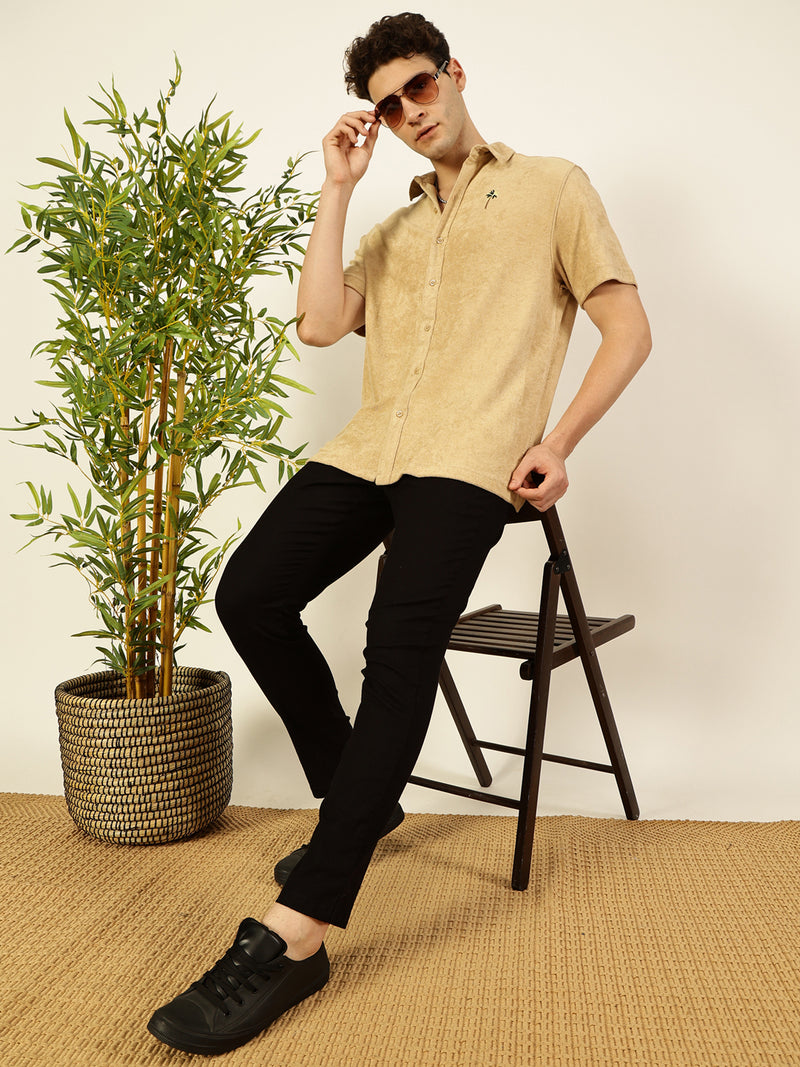 Thomas Scott Men Cream Towel Terry Relaxed Fit Short Sleeves Spread Collar Knitted Casual Shirt