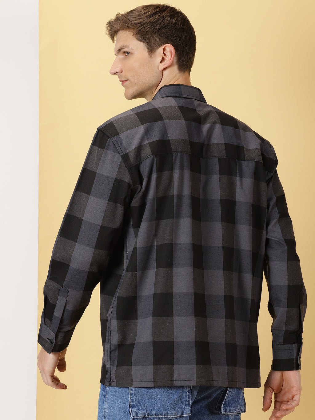 Thomas Scott Men Grey Regular Fit Long Sleeves Buffalo Checked 2 Flap Pockets Twill Cotton Shirt