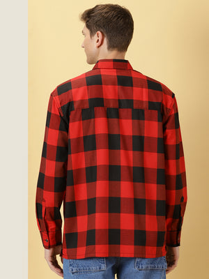 Thomas Scott Men Red Regular Fit Long Sleeves Buffalo Checked 2 Flap Pockets Twill Cotton Shirt