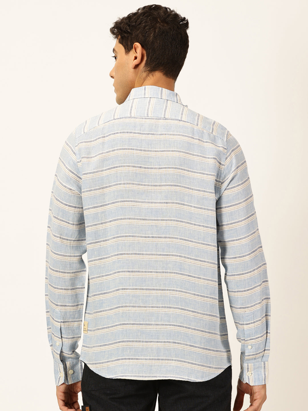 Thomas Scott Men Blue Slim Fit Long Sleeves Spread Collar Horizontal Stripes Linen Casual Shirt