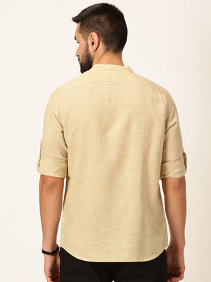 Thomas Scott Men Khaki Slim Fit Long Sleeves Mandarin Collar Cotton Linen Casual Shirt