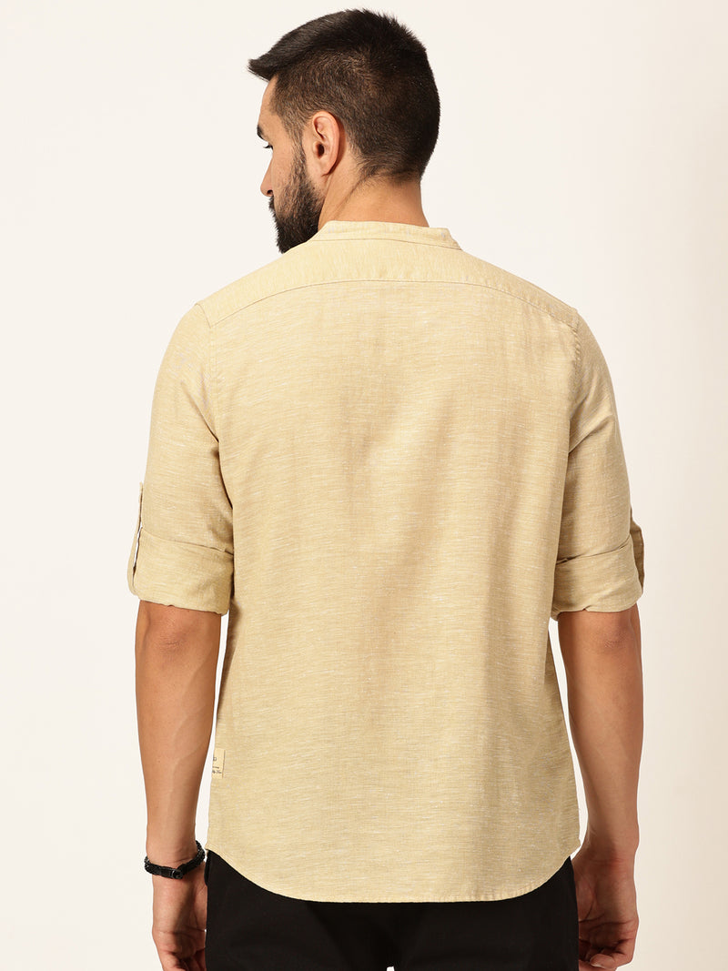 Thomas Scott Men Khaki Slim Fit Long Sleeves Mandarin Collar Cotton Linen Casual Shirt