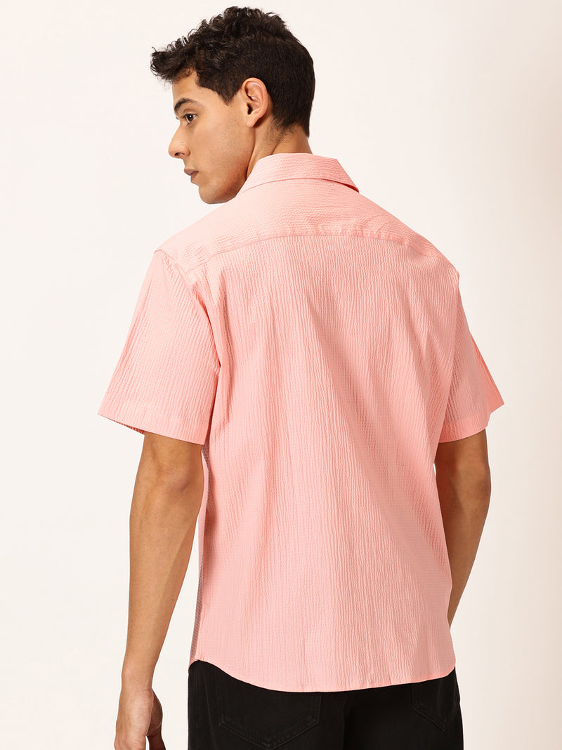 Thomas Scott Men Pink Slim Fit Textured Short Sleeves Cuban Collar Casual Shirt