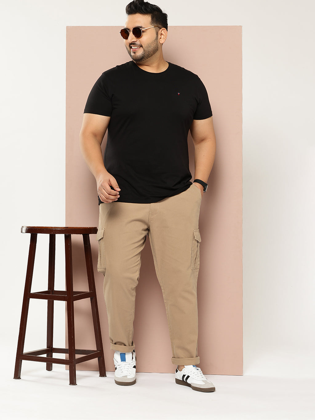 Thomas Scott Men Beige Cricket Club Plus Size Regular Fit Mid-Rise Solid Woven Cargo Trouser