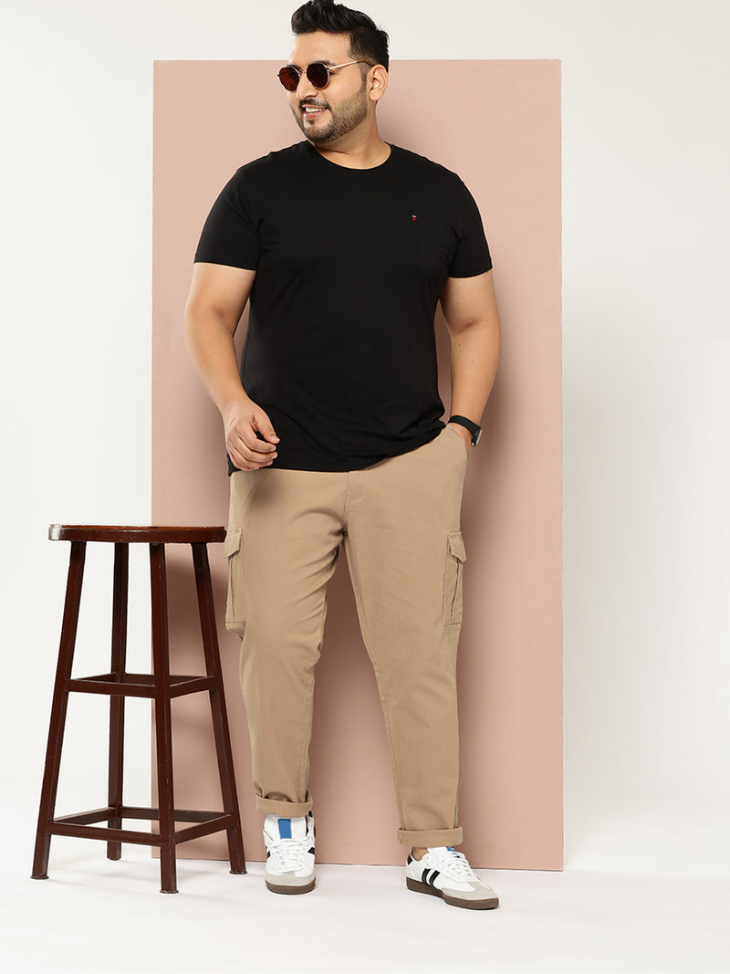 Thomas Scott Men Beige Cricket Club Plus Size Regular Fit Mid-Rise Solid Woven Cargo Trouser