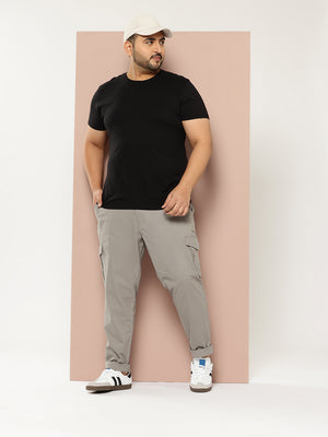 Grey Cricket Club Plus Size Regular Fit Mid-Rise Solid Woven Cargo Trouser For Men