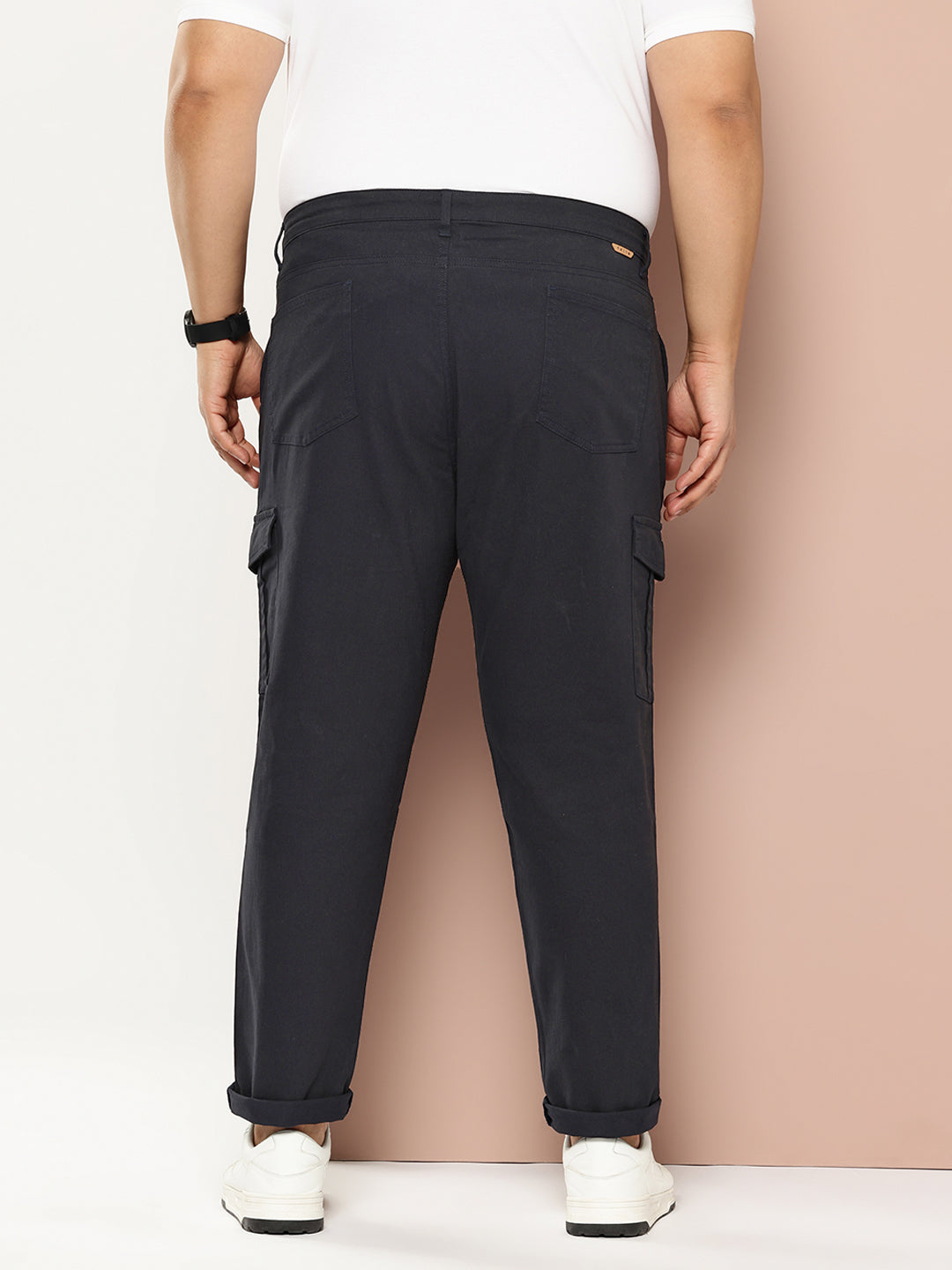 Thomas Scott Men Navy Cricket Club Plus Size Regular Fit Mid-Rise Solid Woven Cargo Trouser
