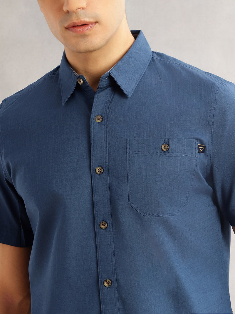 Thomas Scott Men Teal Regular Fit Short Sleeves Spread Collar 100% Cotton Casual Shirt