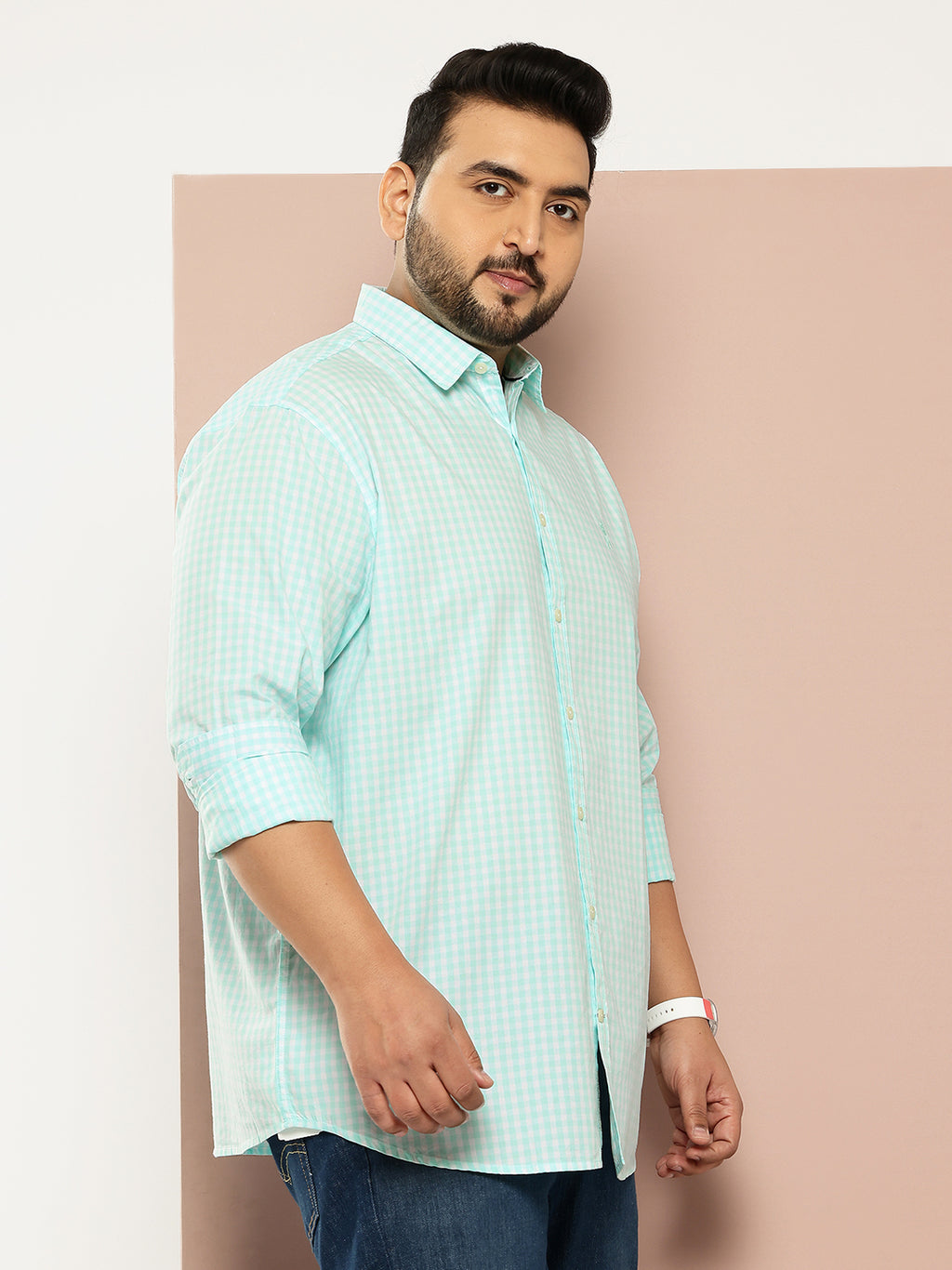 Thomas Scott Men Aqua Cricket Club Plus Size Regular Fit Long Sleeves Spread Collar Gingham Checks 100% Cotton Casual Shirt