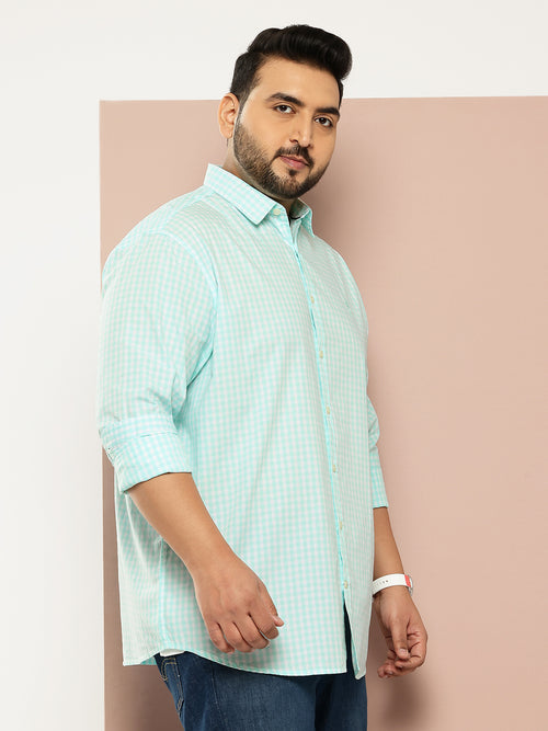 Thomas Scott Men Aqua Cricket Club Plus Size Regular Fit Long Sleeves Spread Collar Gingham Checks 100% Cotton Casual Shirt
