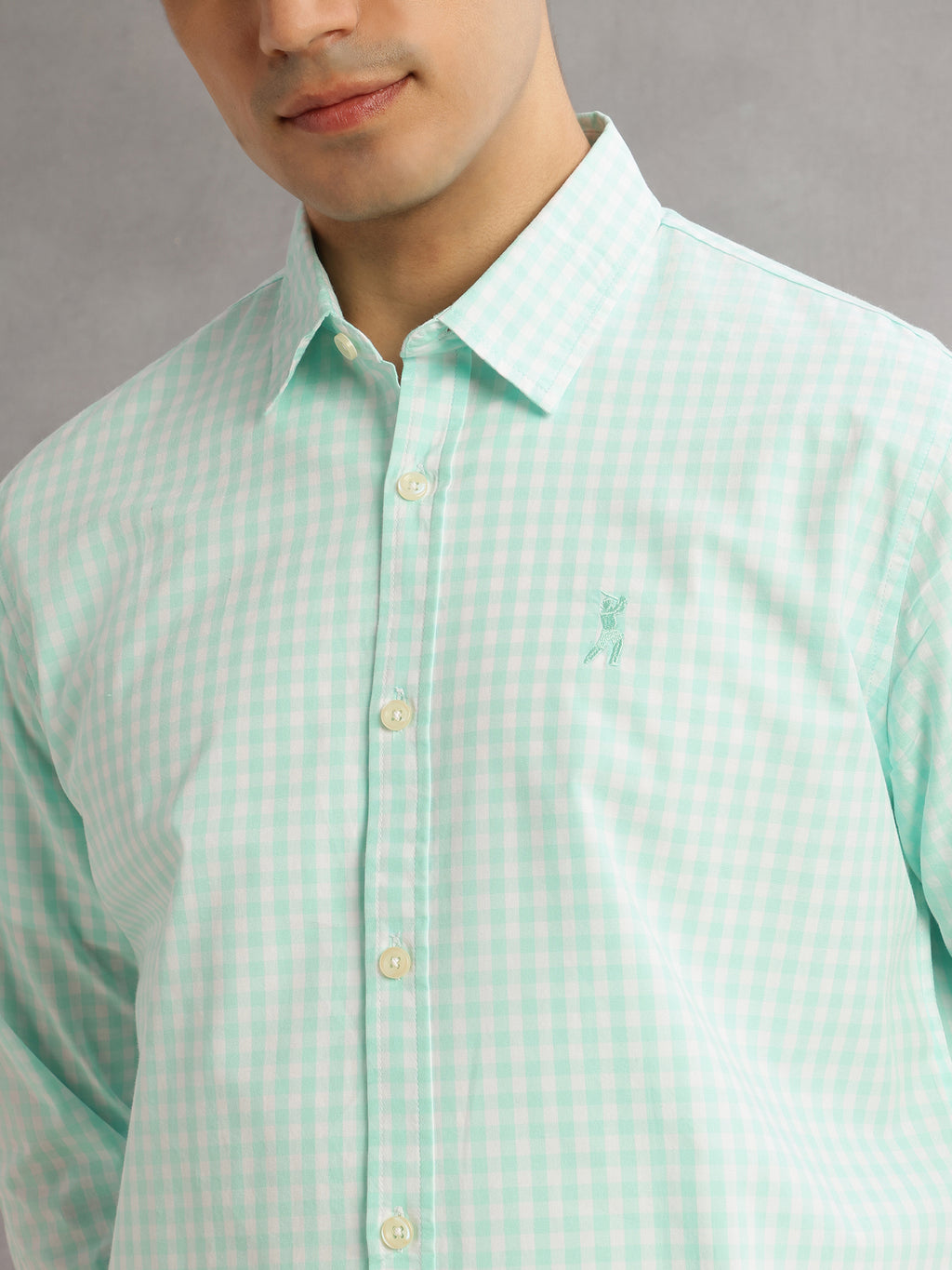 Thomas Scott Men Aqua Cricket Club Slim Fit Long Sleeves Spread Collar Gingham Checks 100% Cotton Casual Shirt