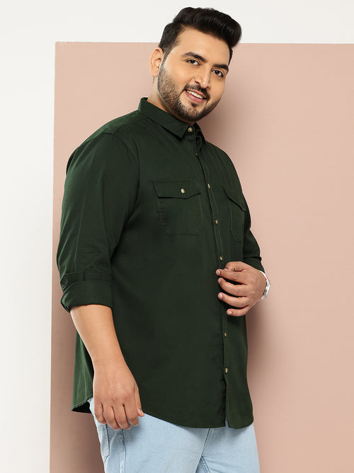 Thomas Scott Men Bottle Green Plus Size Long Sleeves Spread Collar Solid 100% Cotton Casual Shirt