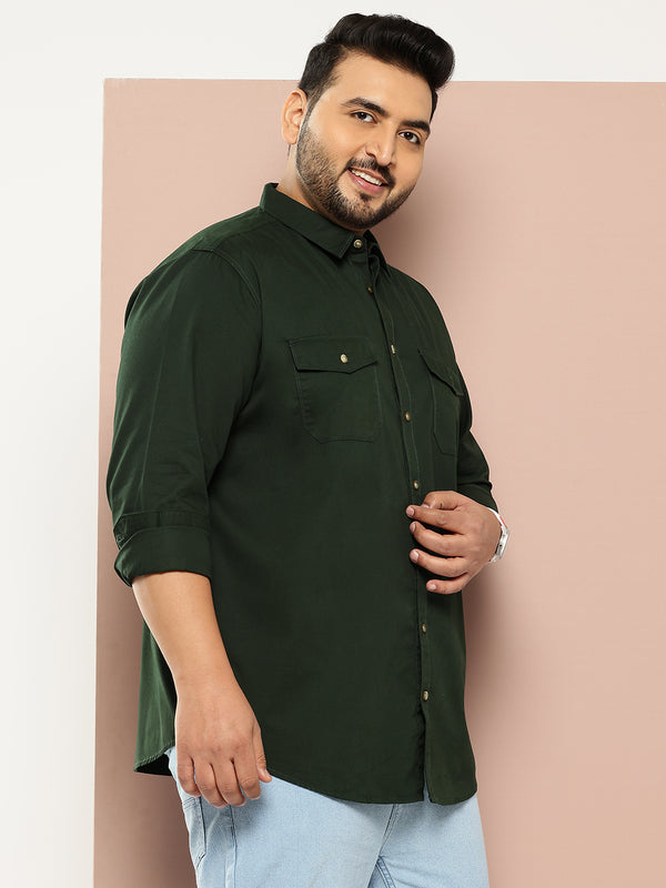 Bottle Green Plus Size Long Sleeves Spread Collar Solid 100% Cotton Casual Shirt For Men