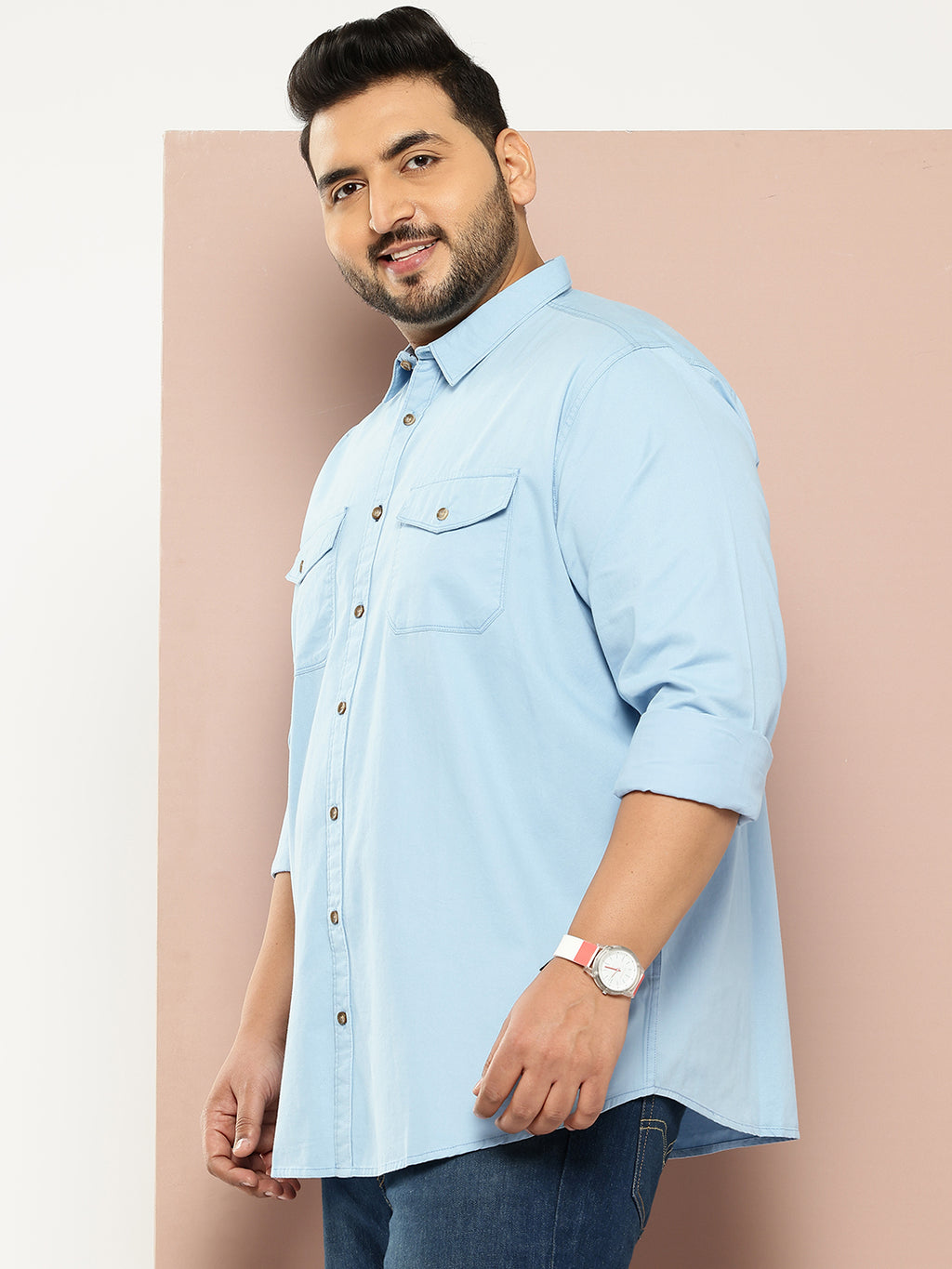 Thomas Scott Men Mid Blue Plus Size Long Sleeves Spread Collar Solid 100% Cotton Casual Shirt