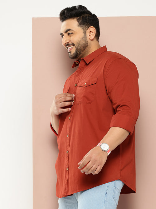 Thomas Scott Men Rust Plus Size Long Sleeves Spread Collar Solid 100% Cotton Casual Shirt