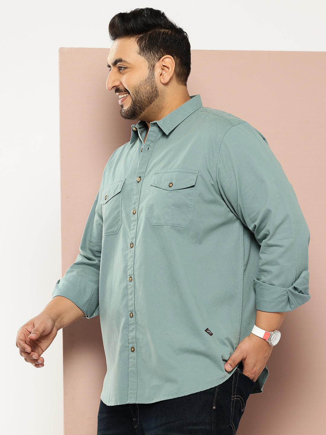 Thomas Scott Men Sea Green Plus Size Long Sleeves Spread Collar Solid 100% Cotton Casual Shirt
