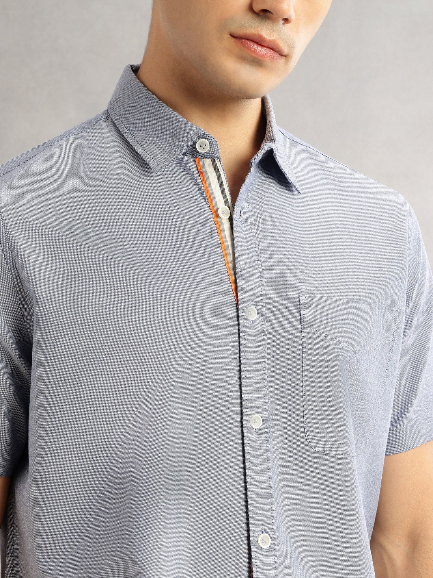 Thomas Scott Men Navy Cricket Club Slim Fit Short Sleeves Spread Collar Solid 100% Cotton Casual Shirt