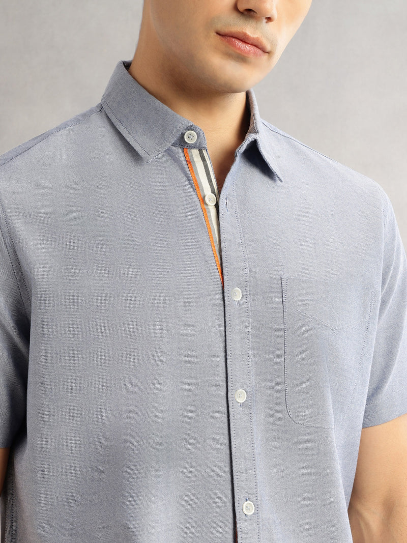 Thomas Scott Men Navy Cricket Club Slim Fit Short Sleeves Spread Collar Solid 100% Cotton Casual Shirt