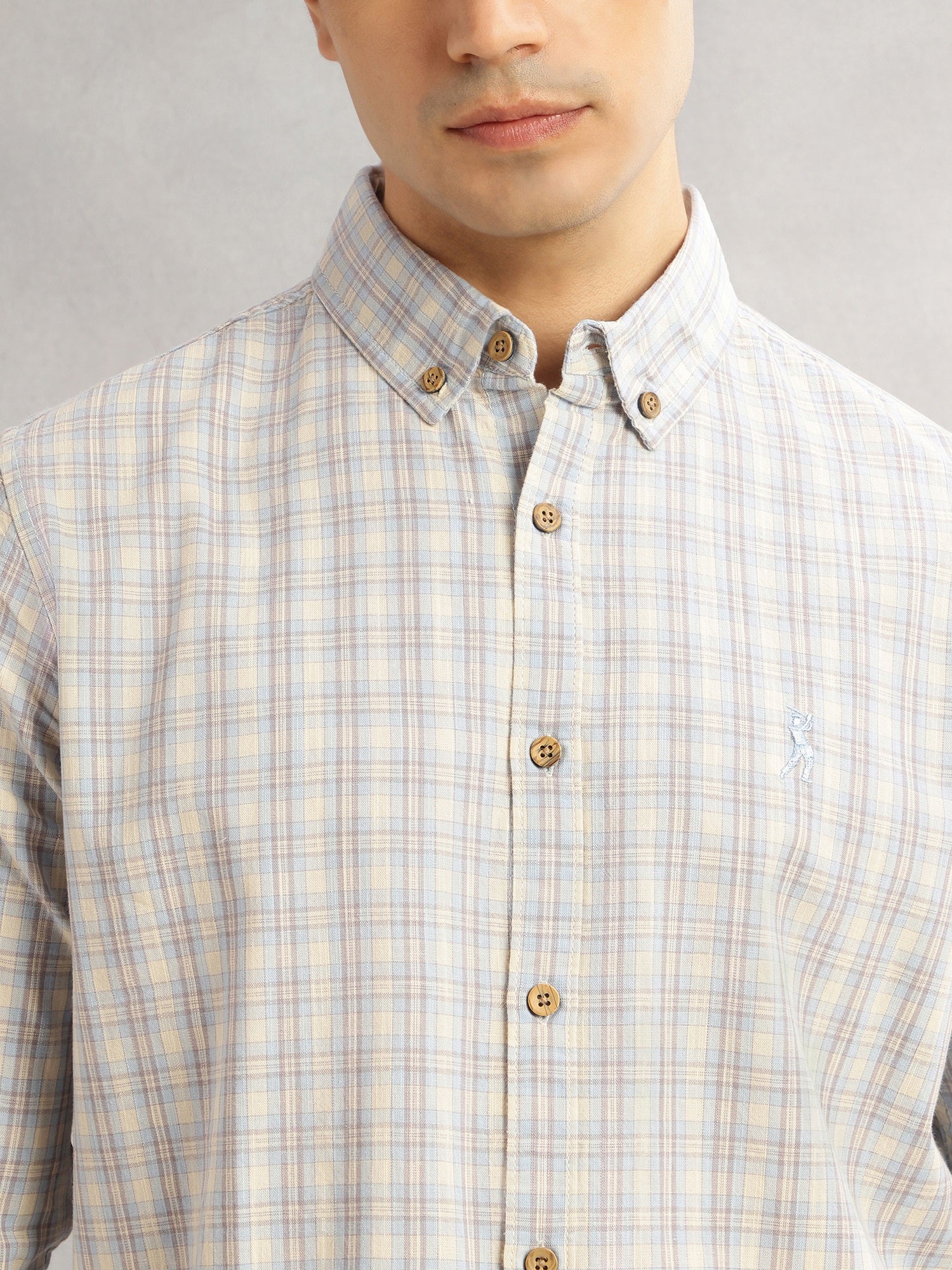 Thomas Scott Men Aqua Cricket Club Slim Fit Long Sleeves Button-Down Collar Tartan Checks Cotton Linen Casual Shirt