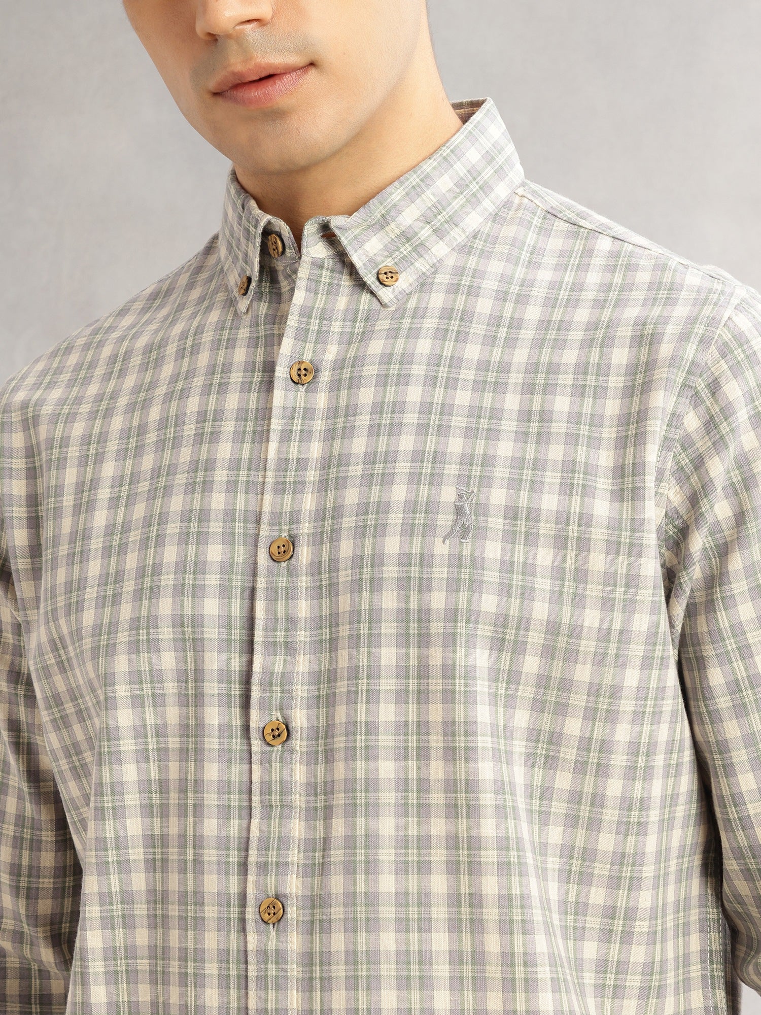 Thomas Scott Men Grey Cricket Club Slim Fit Long Sleeves Button-Down Collar Tartan Checks Cotton Linen Casual Shirt