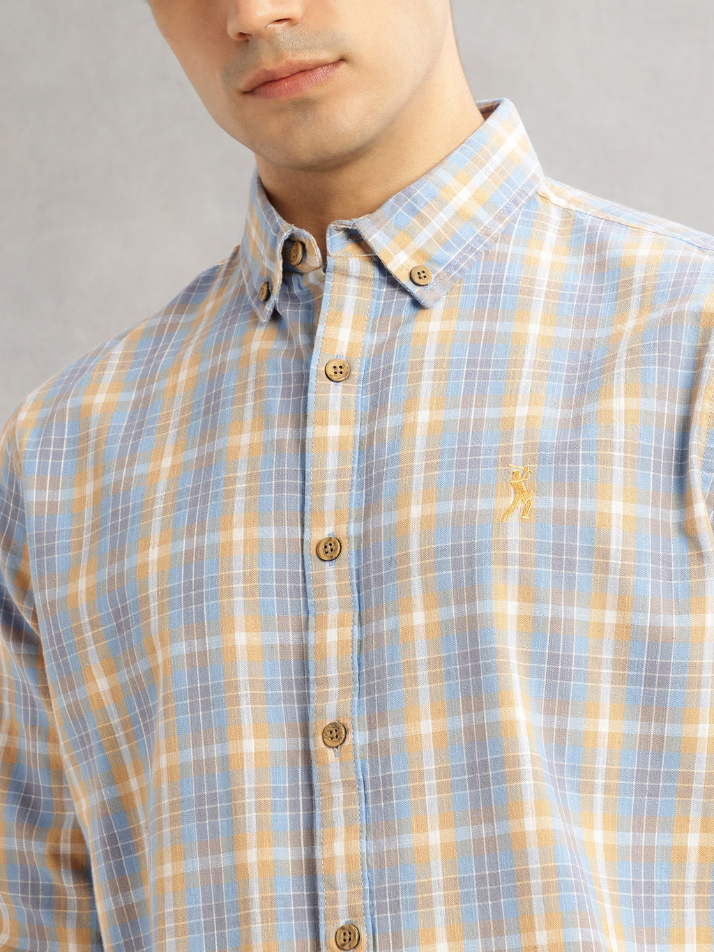 Thomas Scott Men Blue Cricket Club Slim Fit Long Sleeves Button-Down Collar Graphic Checks Cotton Linen Casual Shirt