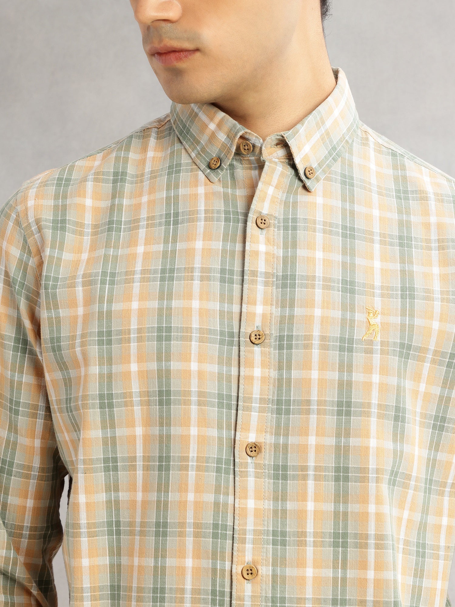 Thomas Scott Men Green Cricket Club Slim Fit Long Sleeves Button-Down Collar Graphic Checks Cotton Linen Casual Shirt