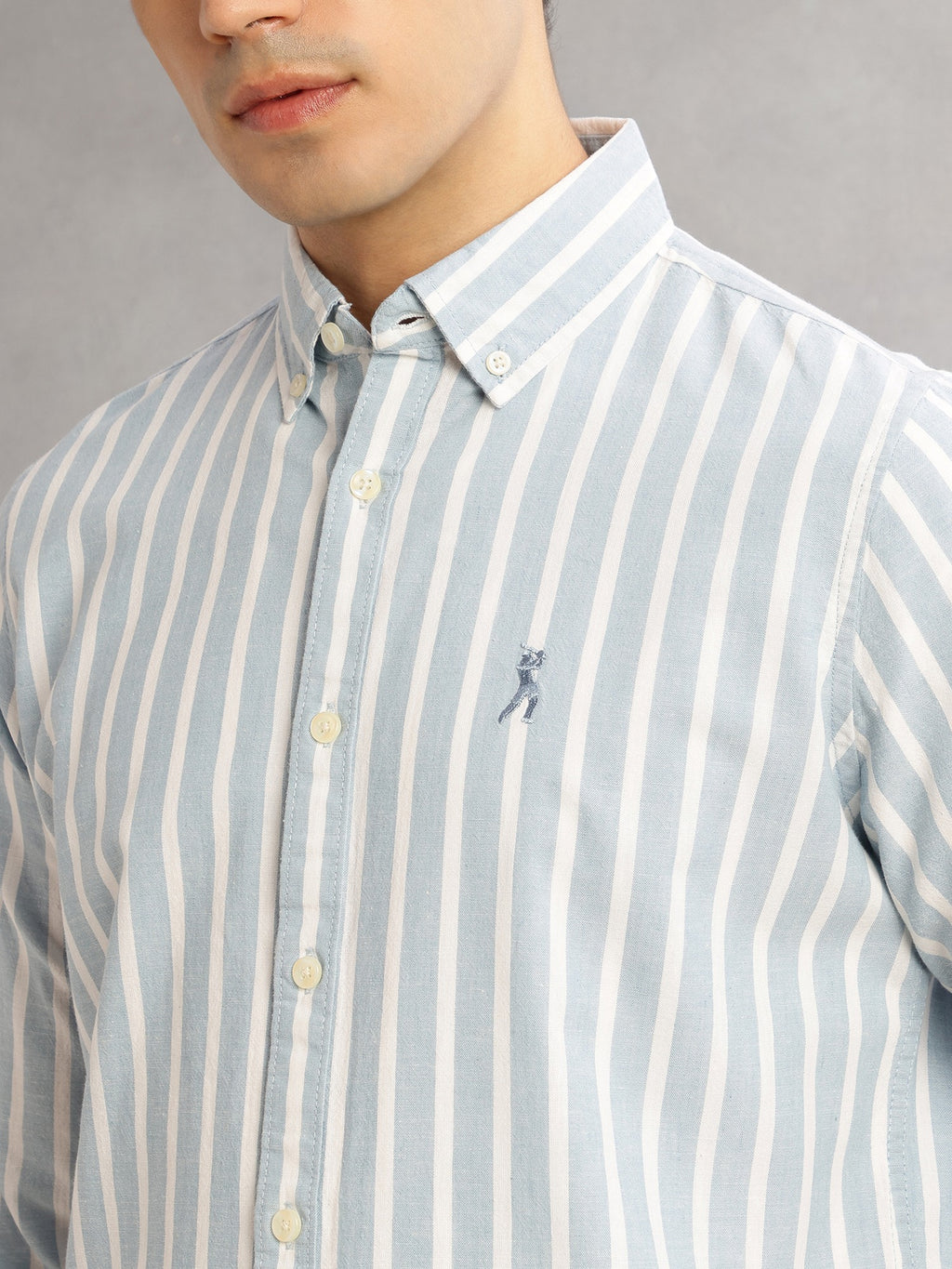 Thomas Scott Men Blue Cricket Club Slim Fit Long Sleeves Button-Down Collar Vertical Stripes Cotton Linen Casual Shirt