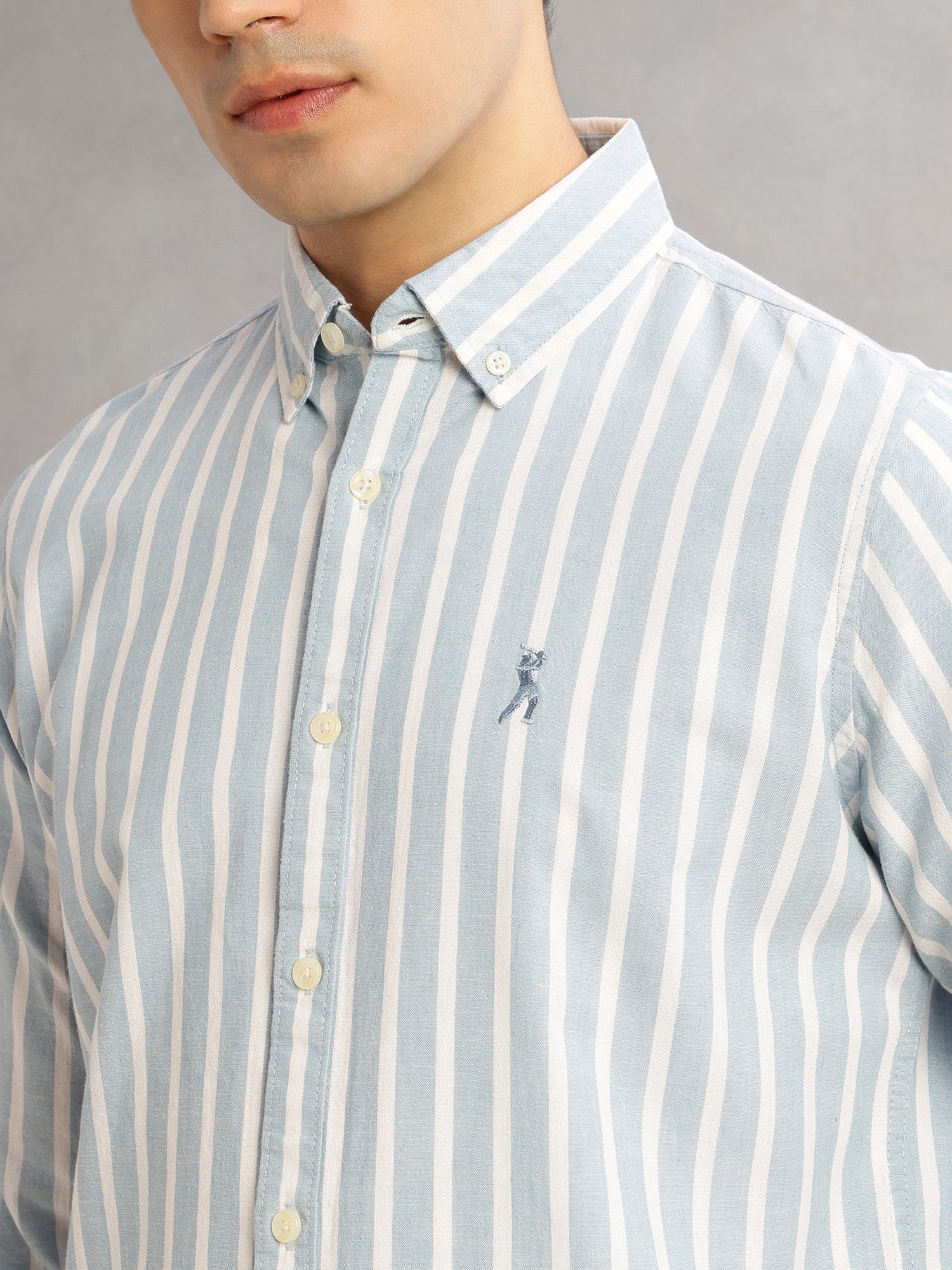 Thomas Scott Men Blue Cricket Club Slim Fit Long Sleeves Button-Down Collar Vertical Stripes Cotton Linen Casual Shirt