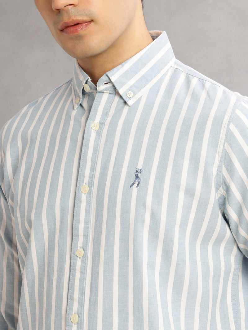 Thomas Scott Men Blue Cricket Club Slim Fit Long Sleeves Button-Down Collar Vertical Stripes Cotton Linen Casual Shirt
