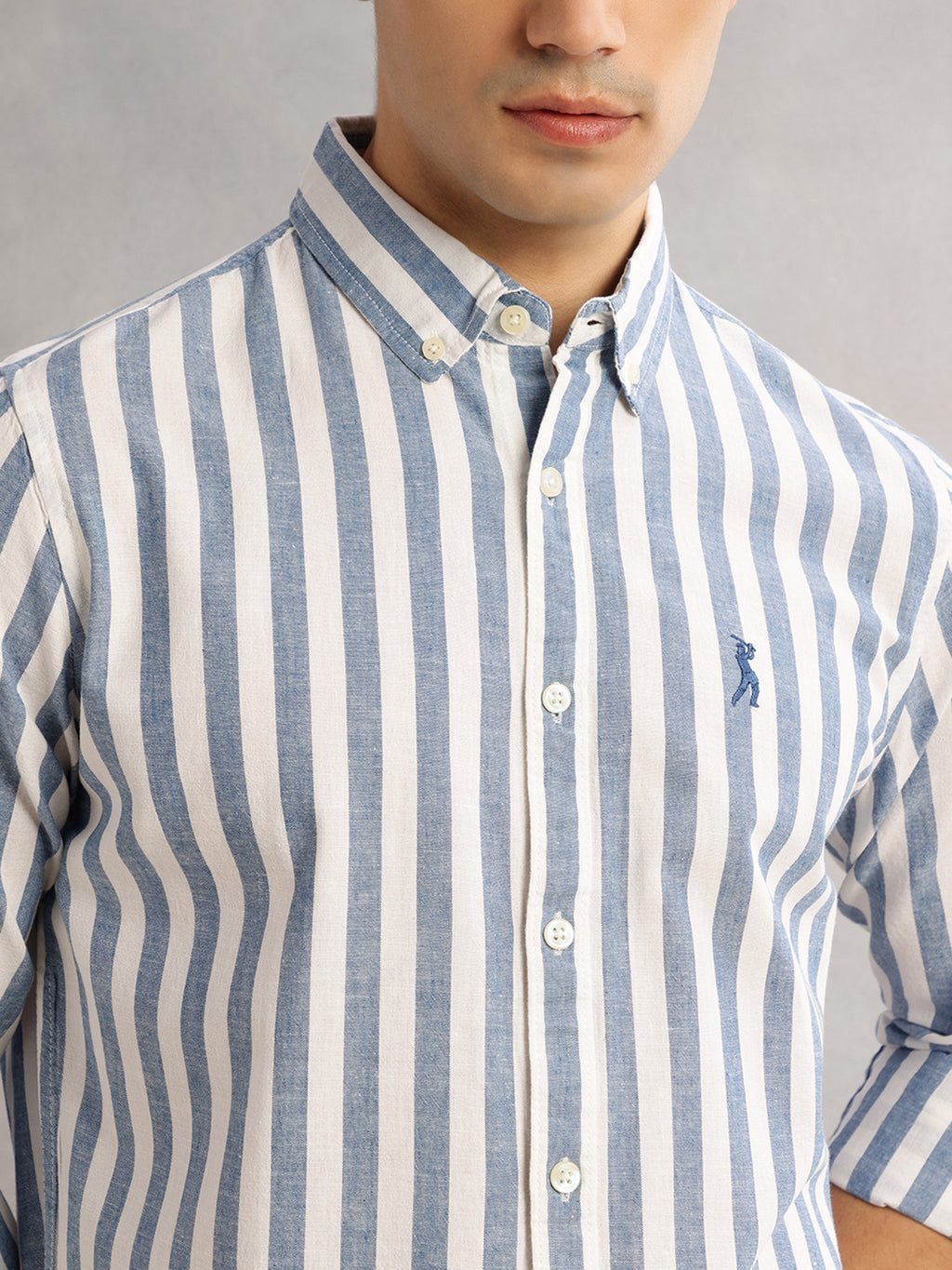 Thomas Scott Men Blue Cricket Club Slim Fit Long Sleeves Button-Down Collar Vertical Stripes Cotton Linen Casual Shirt