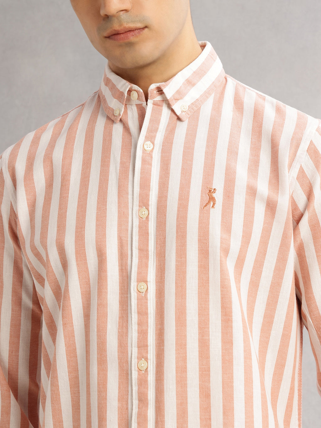 Thomas Scott Men Peach Cricket Club Slim Fit Long Sleeves Button-Down Collar Vertical Stripes Cotton Linen Casual Shirt