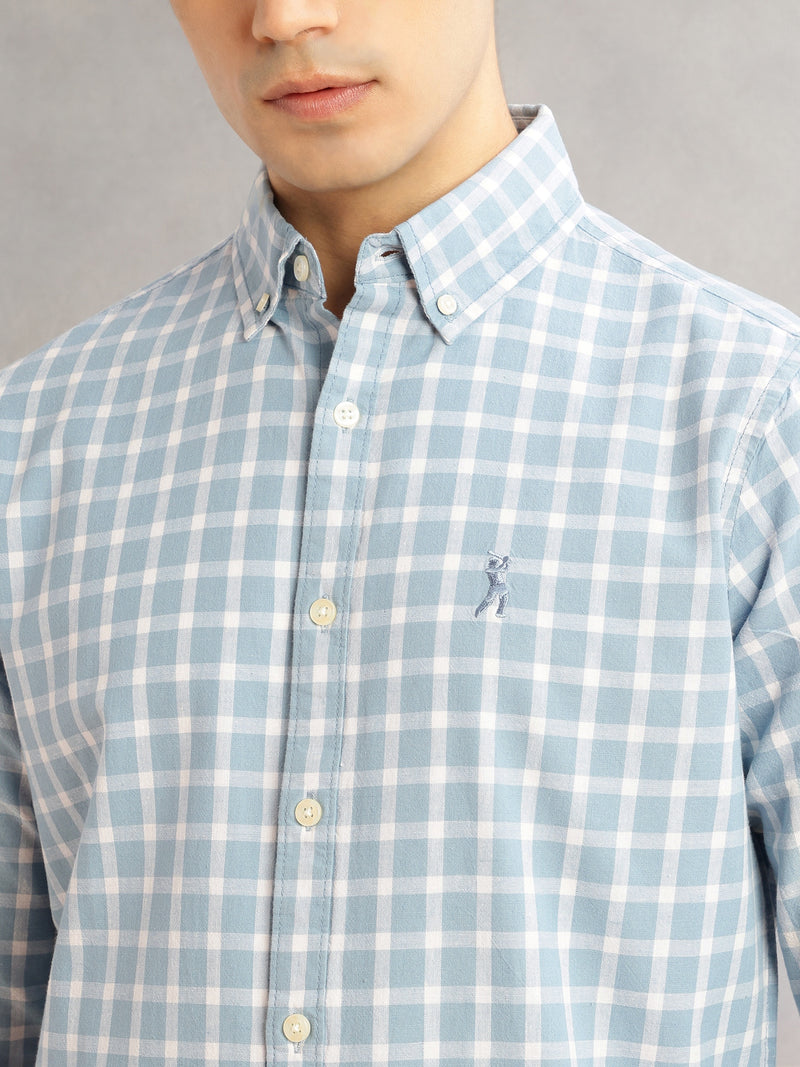 Thomas Scott Men Blue Cricket Club Slim Fit Long Sleeves Button-Down Collar Gingham Checks Cotton Linen Casual Shirt
