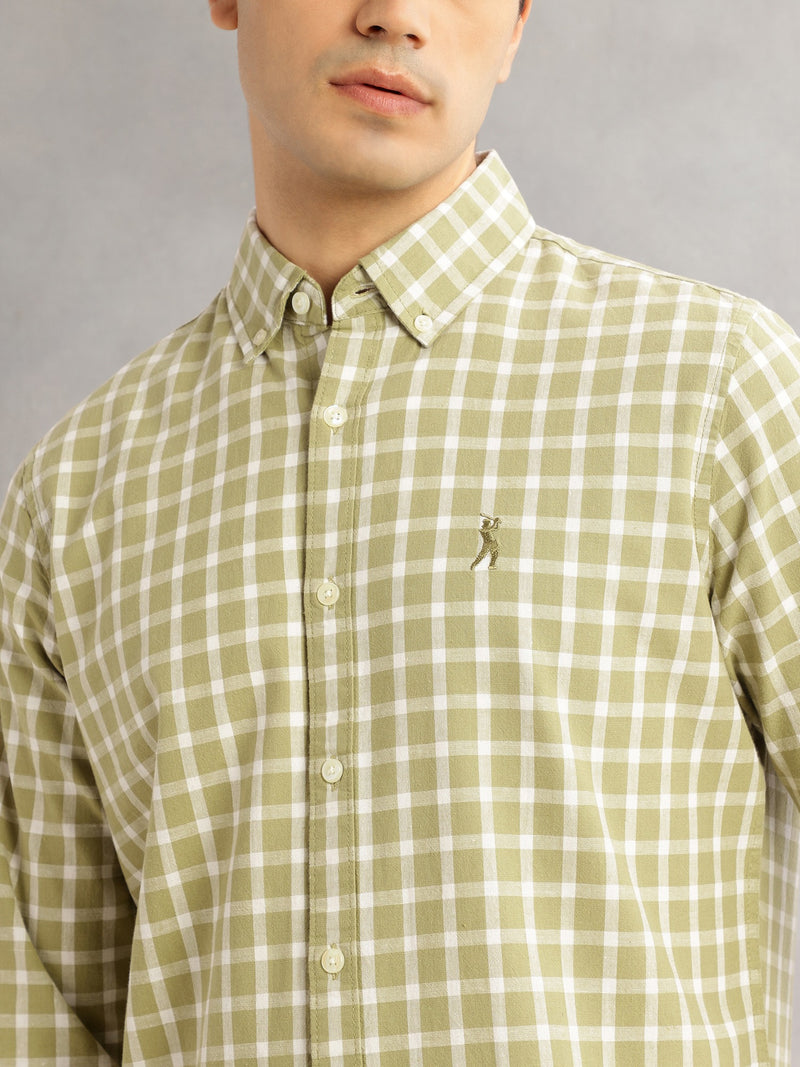 Thomas Scott Men Olive Cricket Club Slim Fit Long Sleeves Button-Down Collar Gingham Checks Cotton Linen Casual Shirt