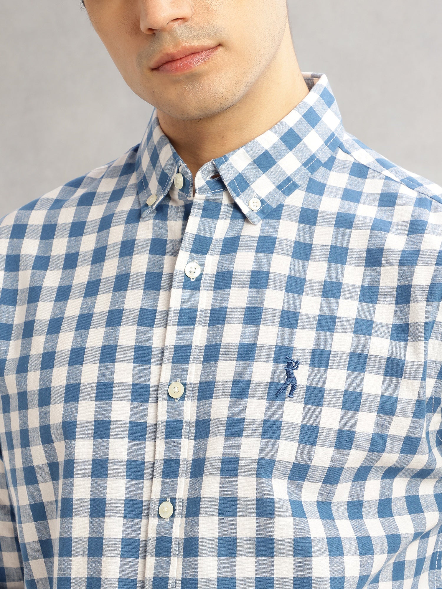 Thomas Scott Men Blue Cricket Club Slim Fit Long Sleeves Button-Down Collar Gingham Checks Cotton Linen Casual Shirt