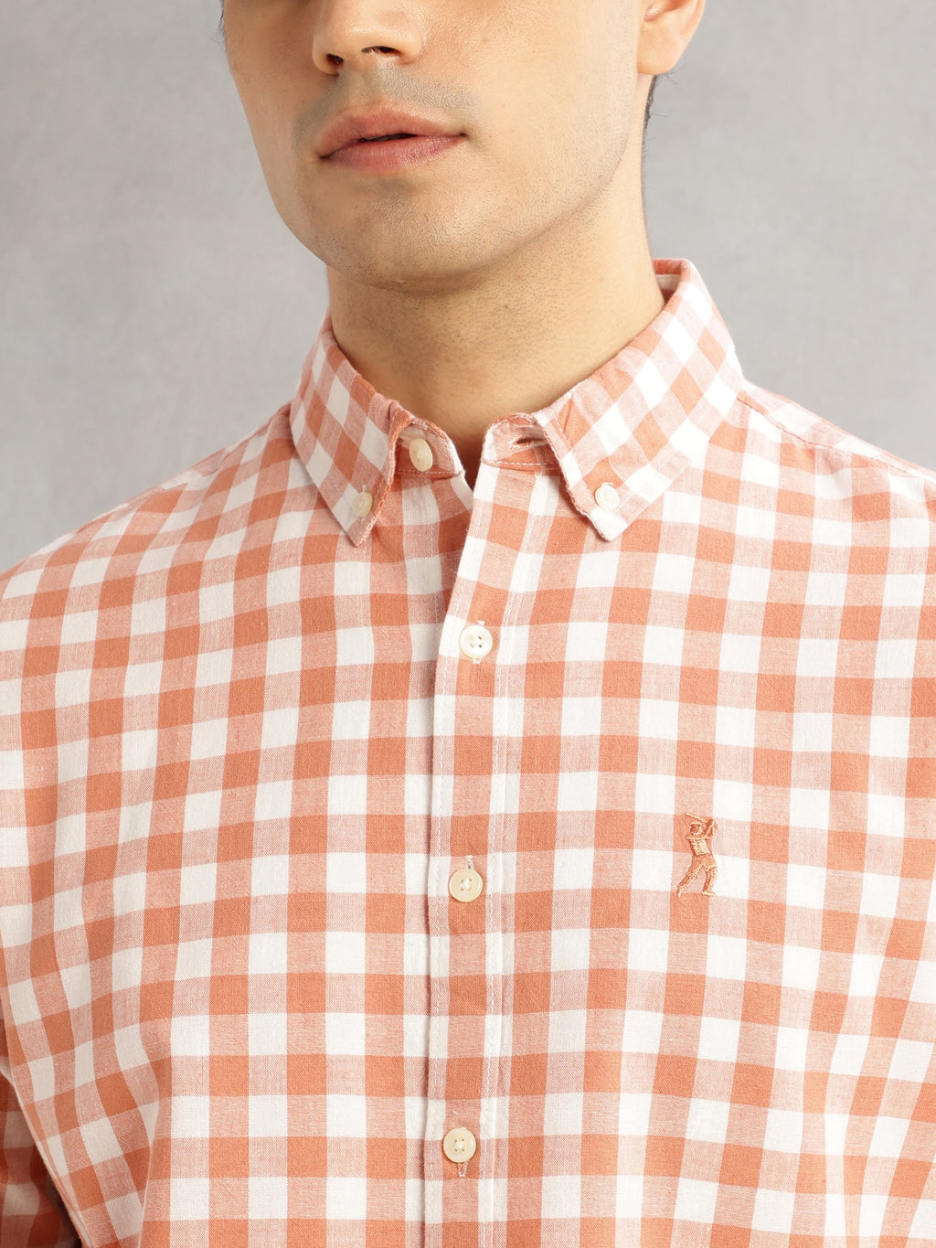Thomas Scott Men Peach Cricket Club Slim Fit Long Sleeves Button-Down Collar Gingham Checks Cotton Linen Casual Shirt