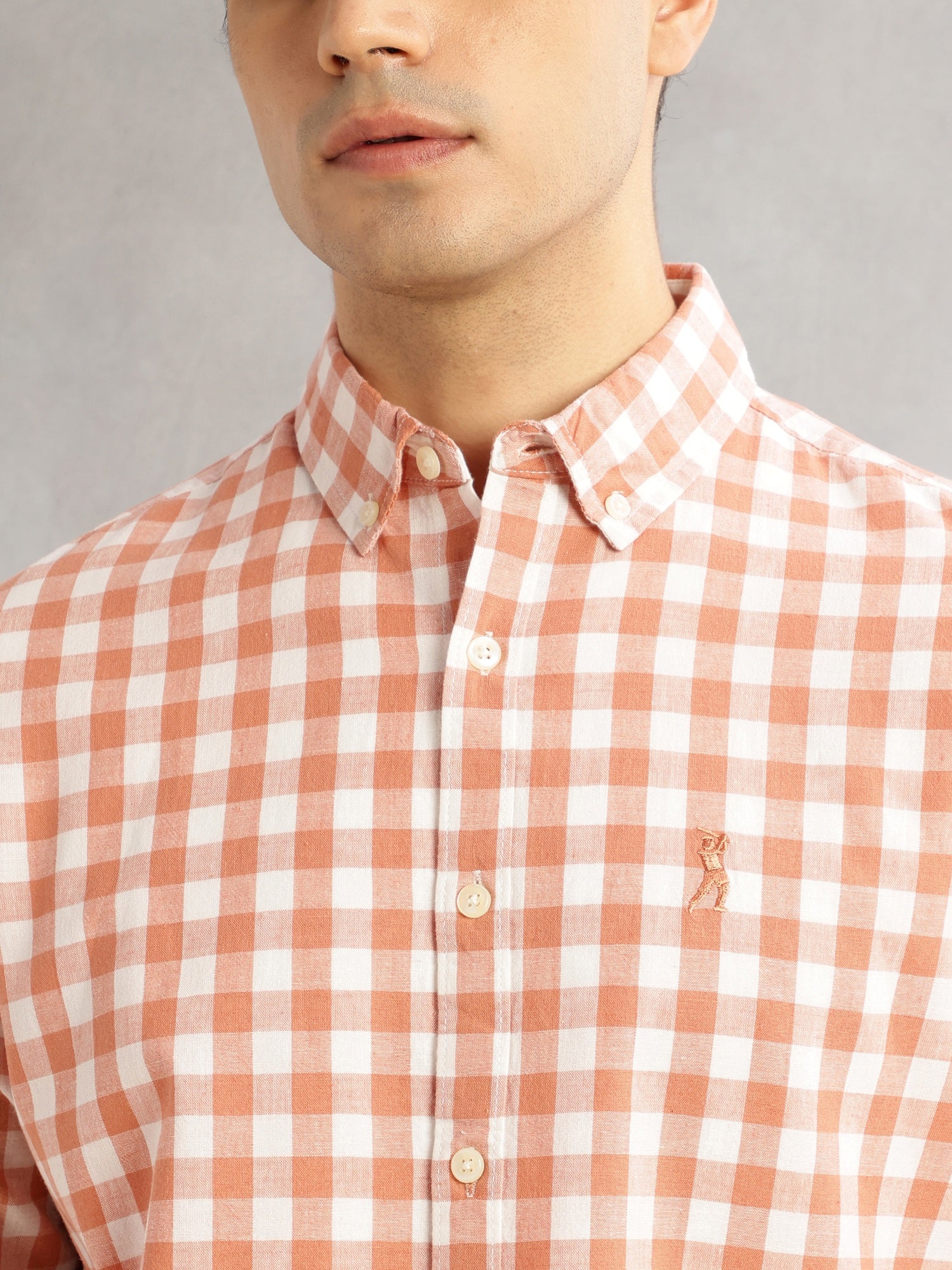 Thomas Scott Men Peach Cricket Club Slim Fit Long Sleeves Button-Down Collar Gingham Checks Cotton Linen Casual Shirt