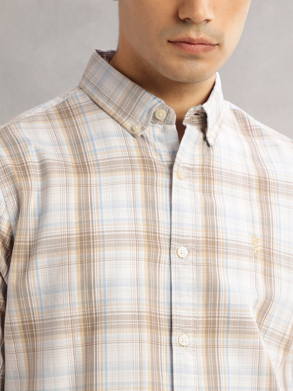 Thomas Scott Men Beige Cricket Club Slim Fit Long Sleeves Button-Down Collar Windowpane Checks 100% Cotton Casual Shirt