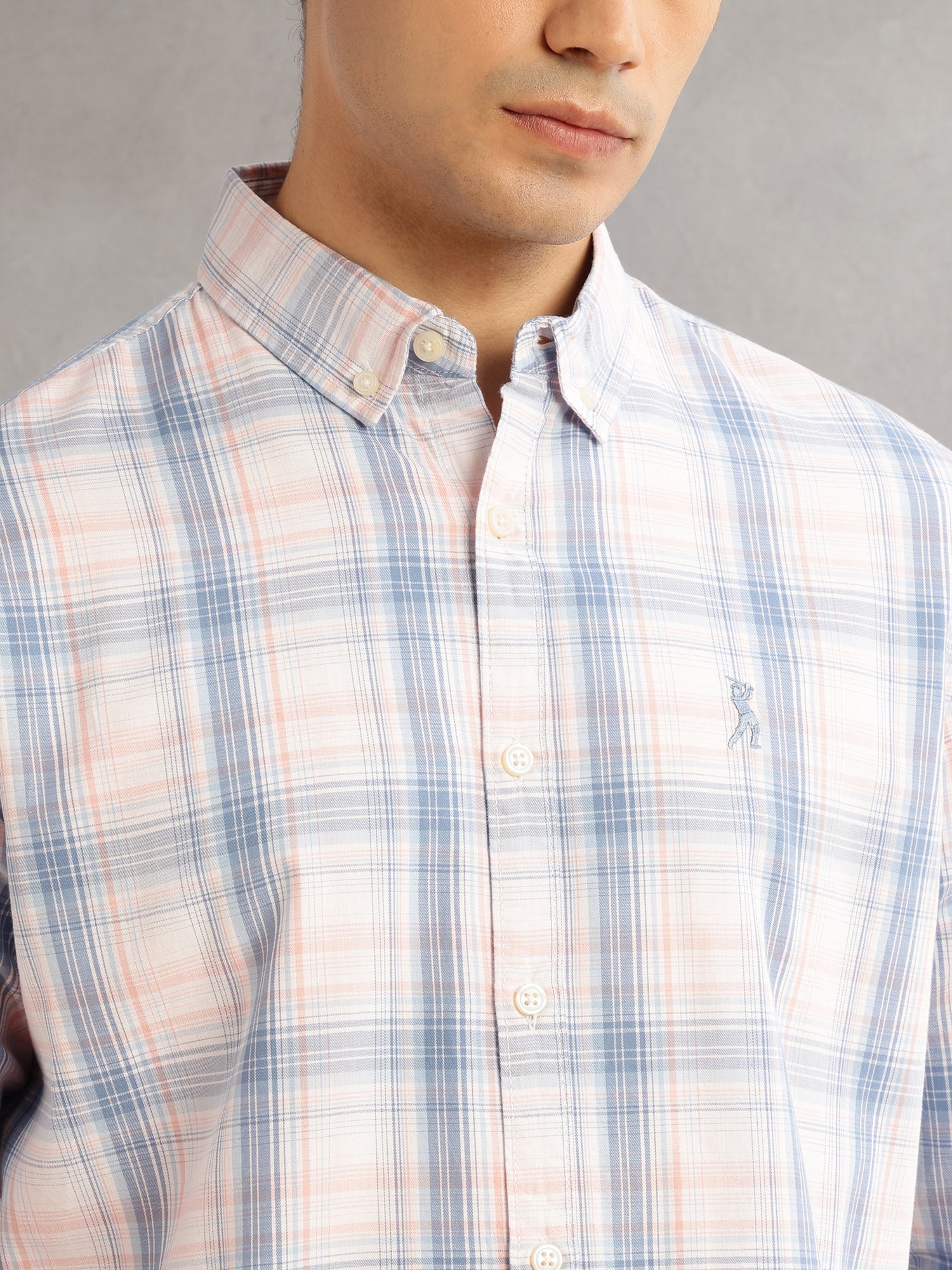 Thomas Scott Men Blue Cricket Club Slim Fit Long Sleeves Button-Down Collar Windowpane Checks 100% Cotton Casual Shirt
