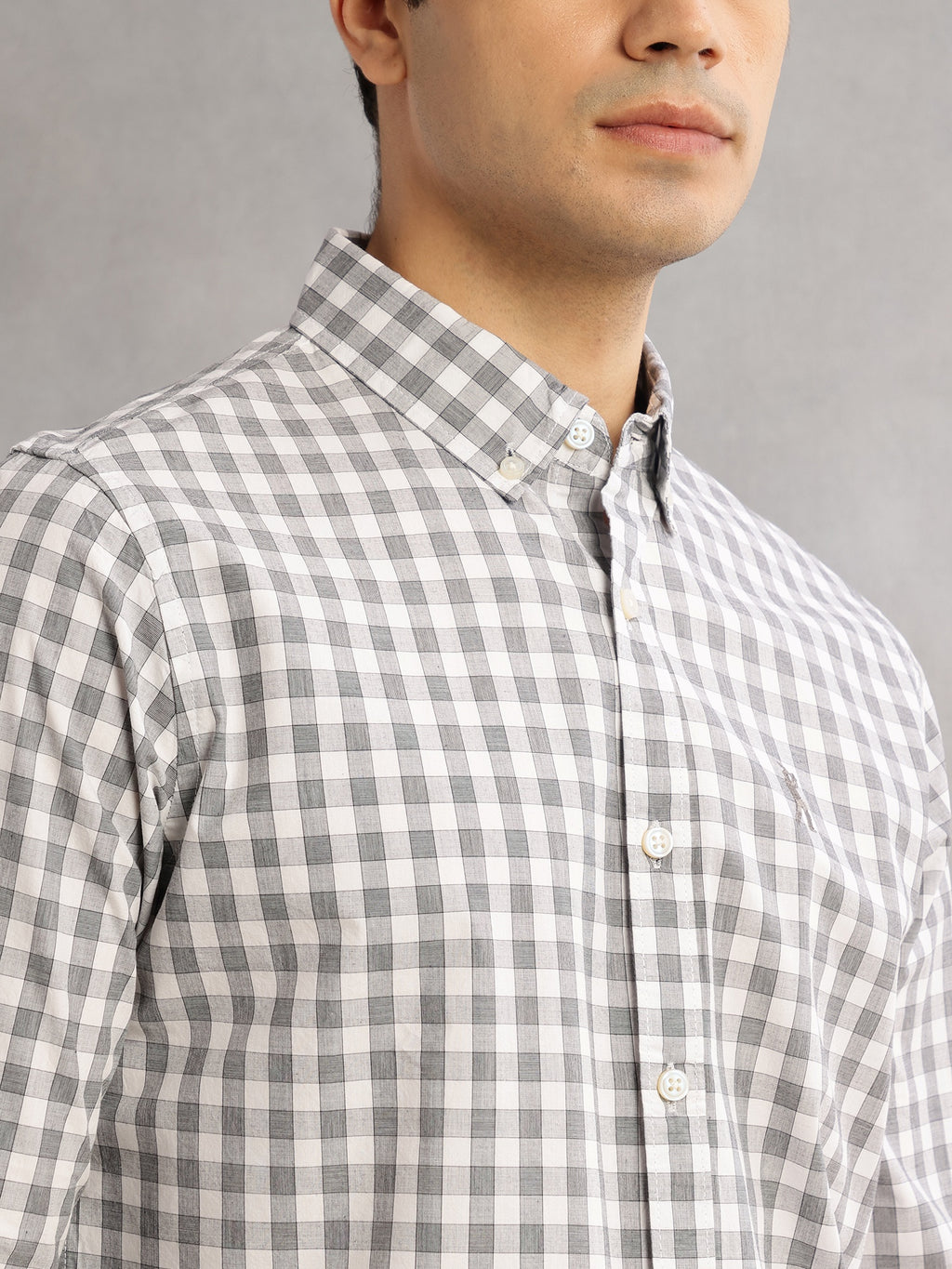 Thomas Scott Men Grey Cricket Club Slim Fit Long Sleeves Button-Down Collar Gingham Checks 100% Cotton Casual Shirt