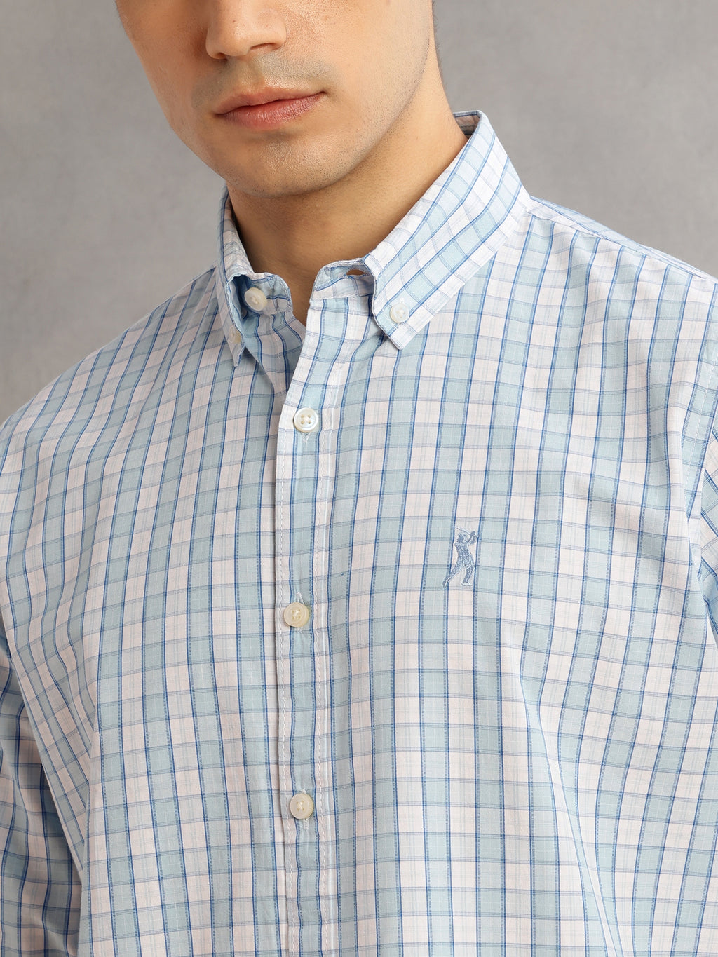 Thomas Scott Men Aqua Cricket Club Slim Fit Long Sleeves Button-Down Collar Gingham Checks 100% Cotton Casual Shirt