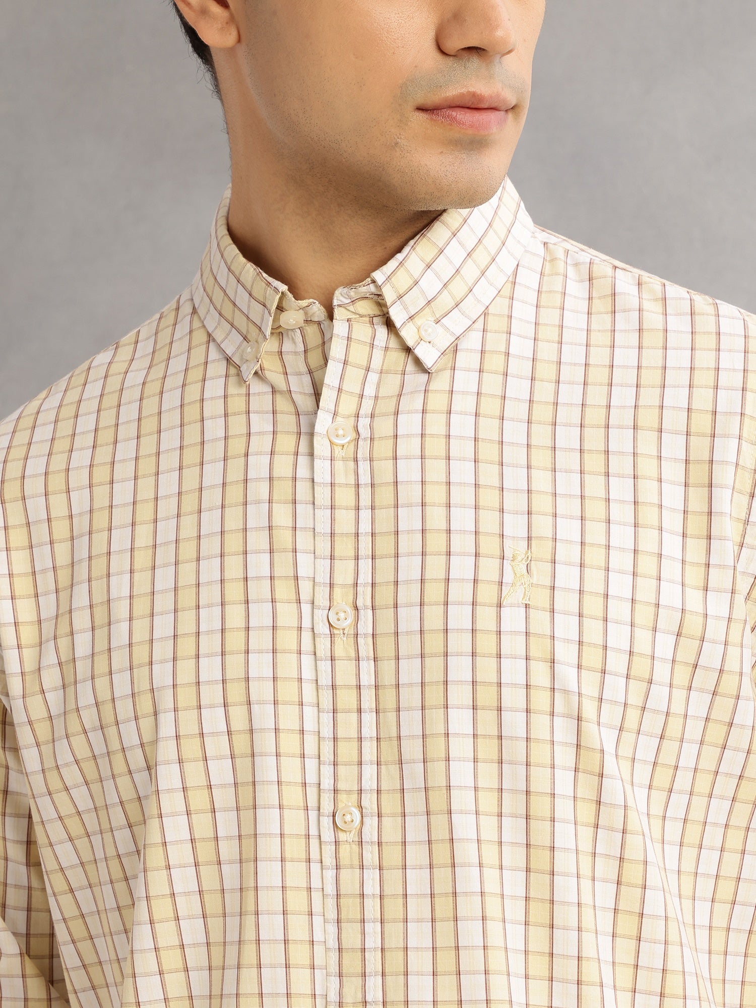 Thomas Scott Men Mustard Cricket Club Slim Fit Long Sleeves Button-Down Collar Gingham Checks 100% Cotton Casual Shirt