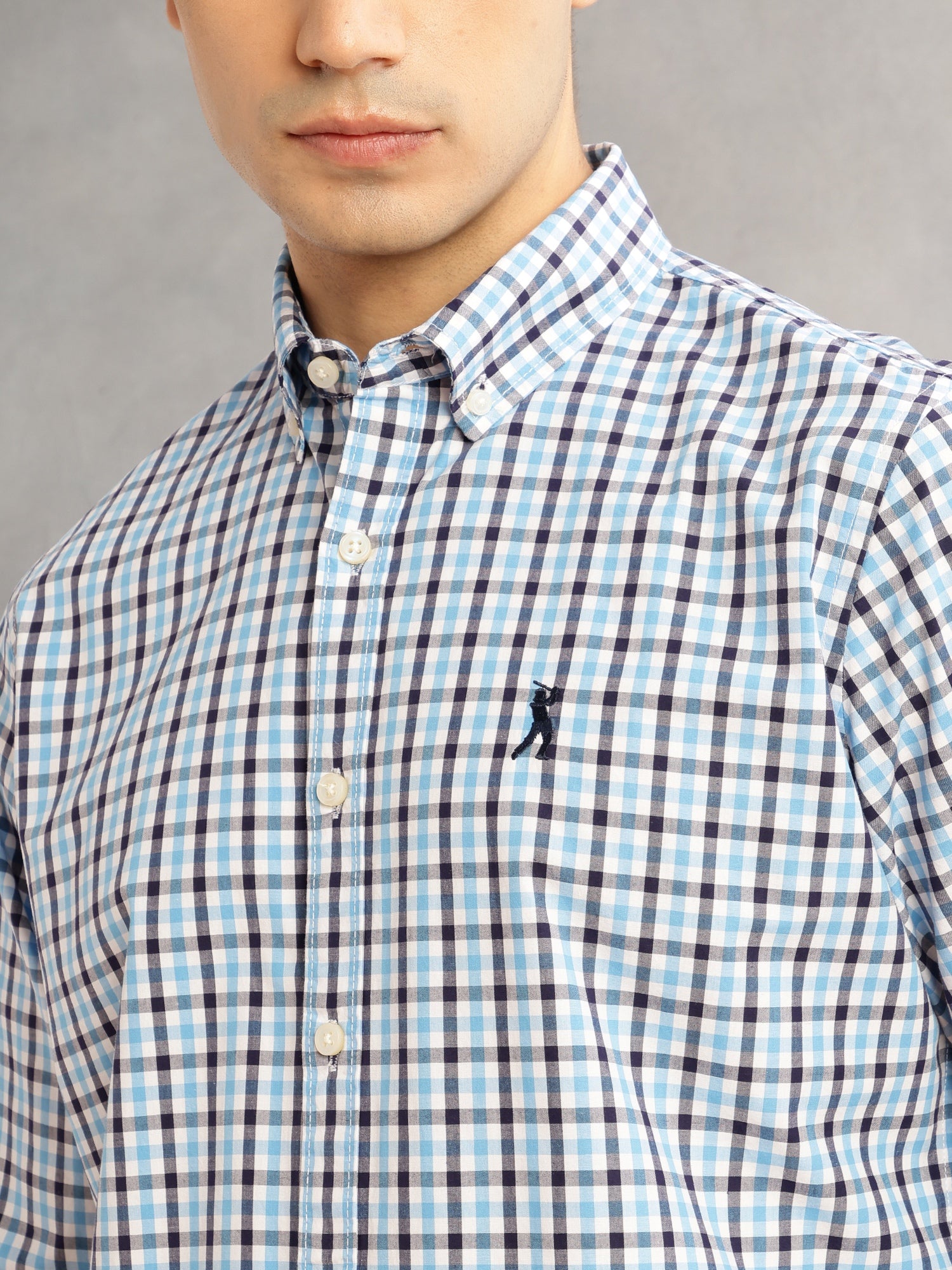 Thomas Scott Men Blue Cricket Club Slim Fit Long Sleeves Button-Down Collar Tartan Checks 100% Cotton Casual Shirt