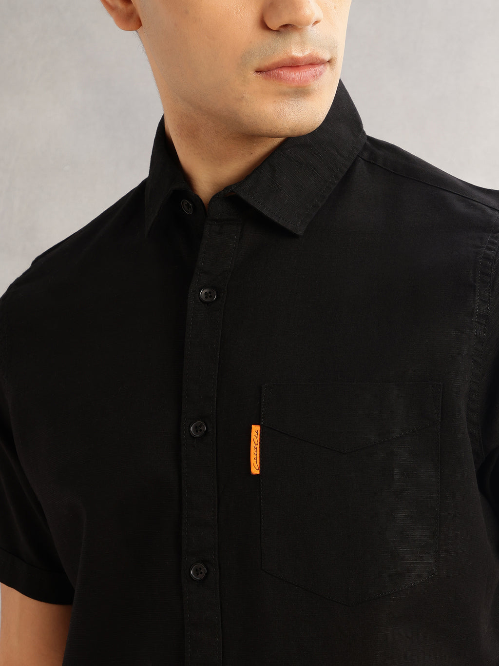 Thomas Scott Men Black Cricket Club Regular Fit Short Sleeves Spread Collar Cotton Linen Casual Shirt