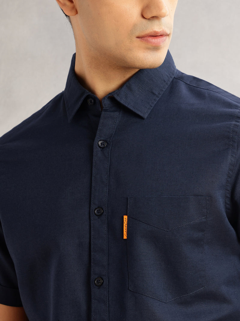 Thomas Scott Men Navy Cricket Club Regular Fit Short Sleeves Spread Collar Cotton Linen Casual Shirt