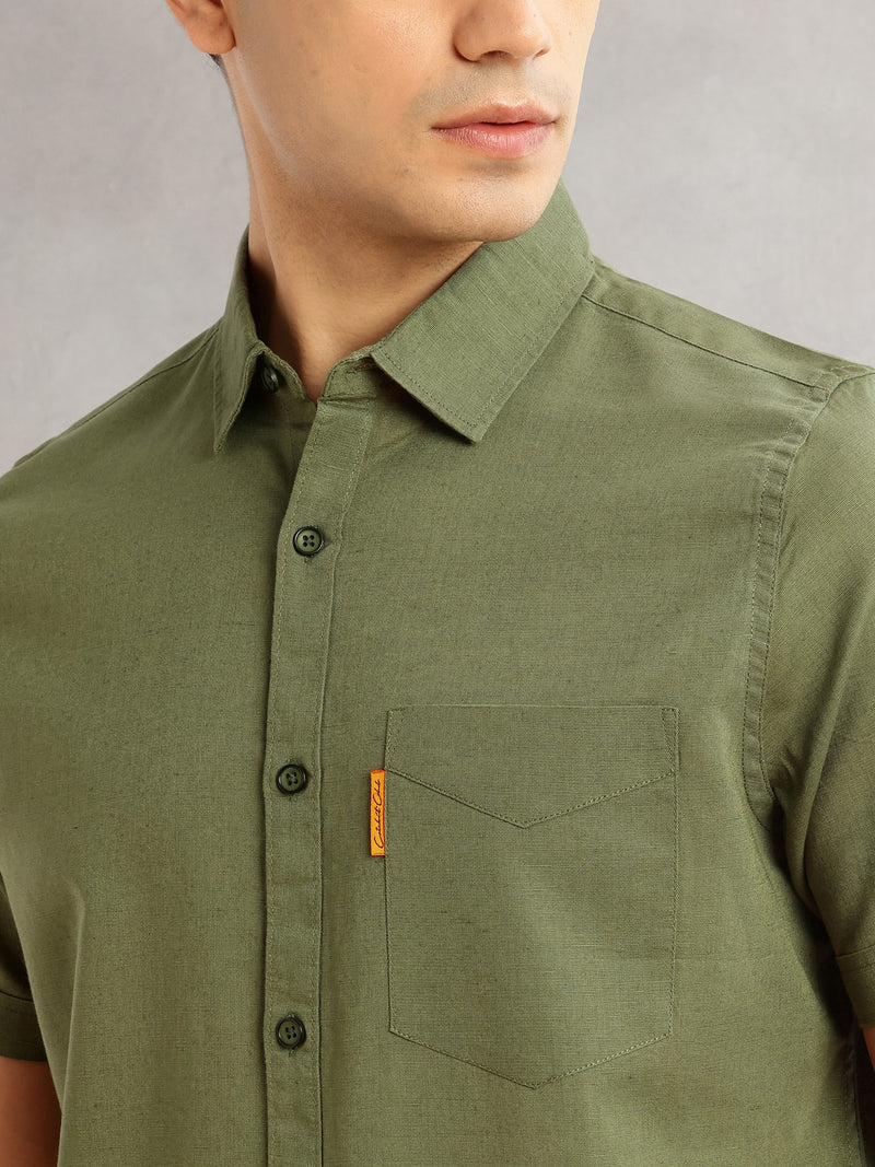 Thomas Scott Men Olive Cricket Club Regular Fit Short Sleeves Spread Collar Cotton Linen Casual Shirt