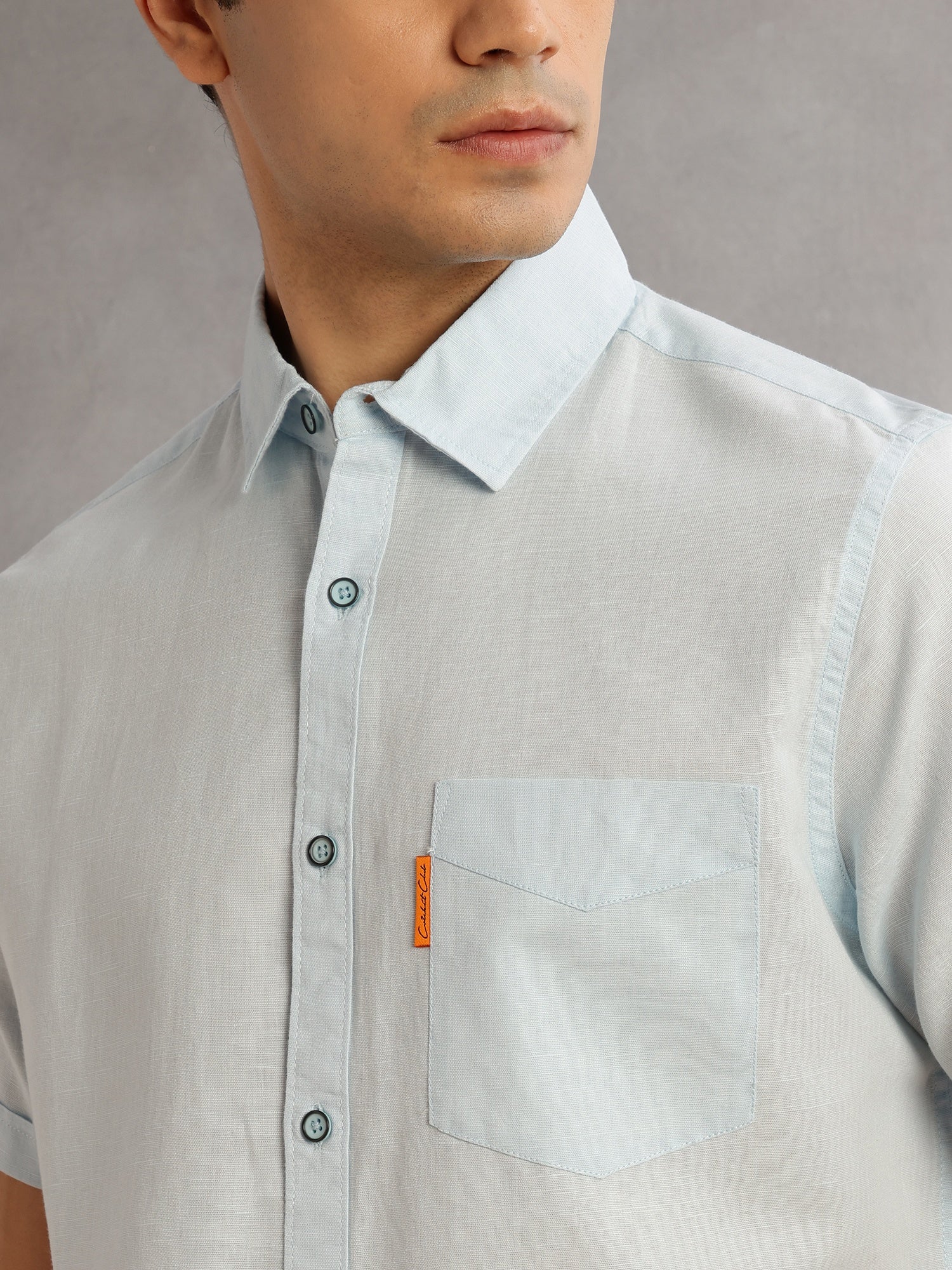 Thomas Scott Men SkyBlue Cricket Club Regular Fit Short Sleeves Spread Collar Cotton Linen Casual Shirt