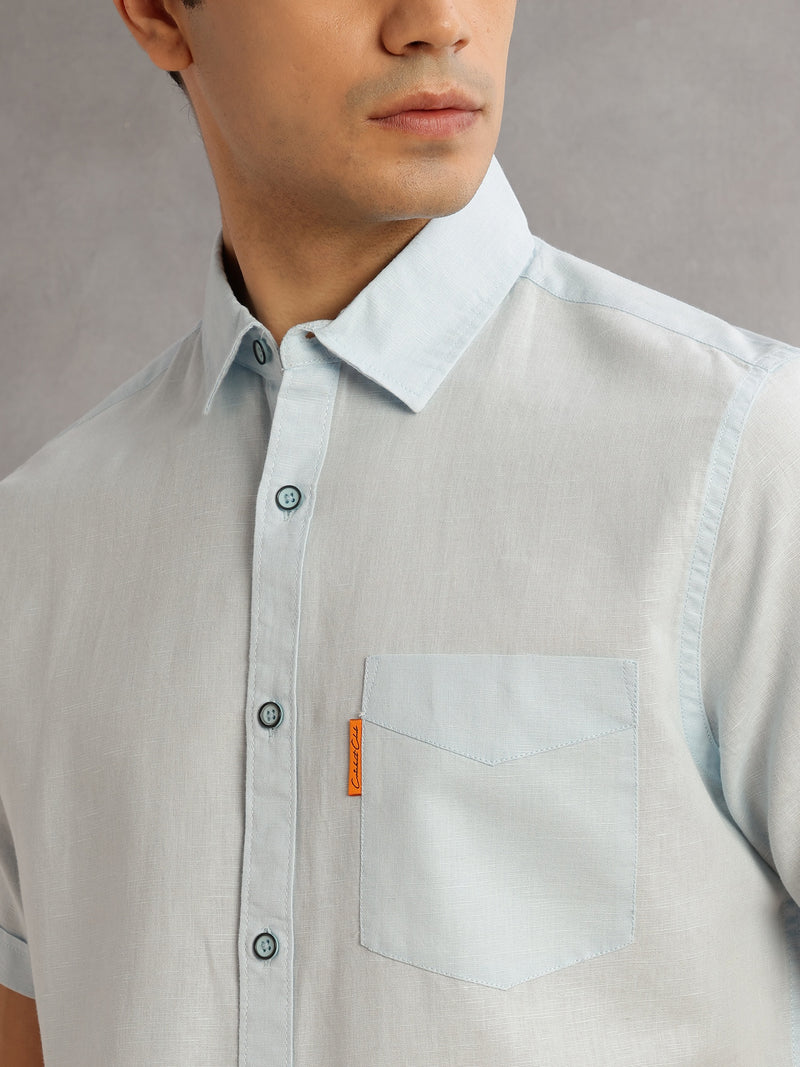 Thomas Scott Men SkyBlue Cricket Club Regular Fit Short Sleeves Spread Collar Cotton Linen Casual Shirt