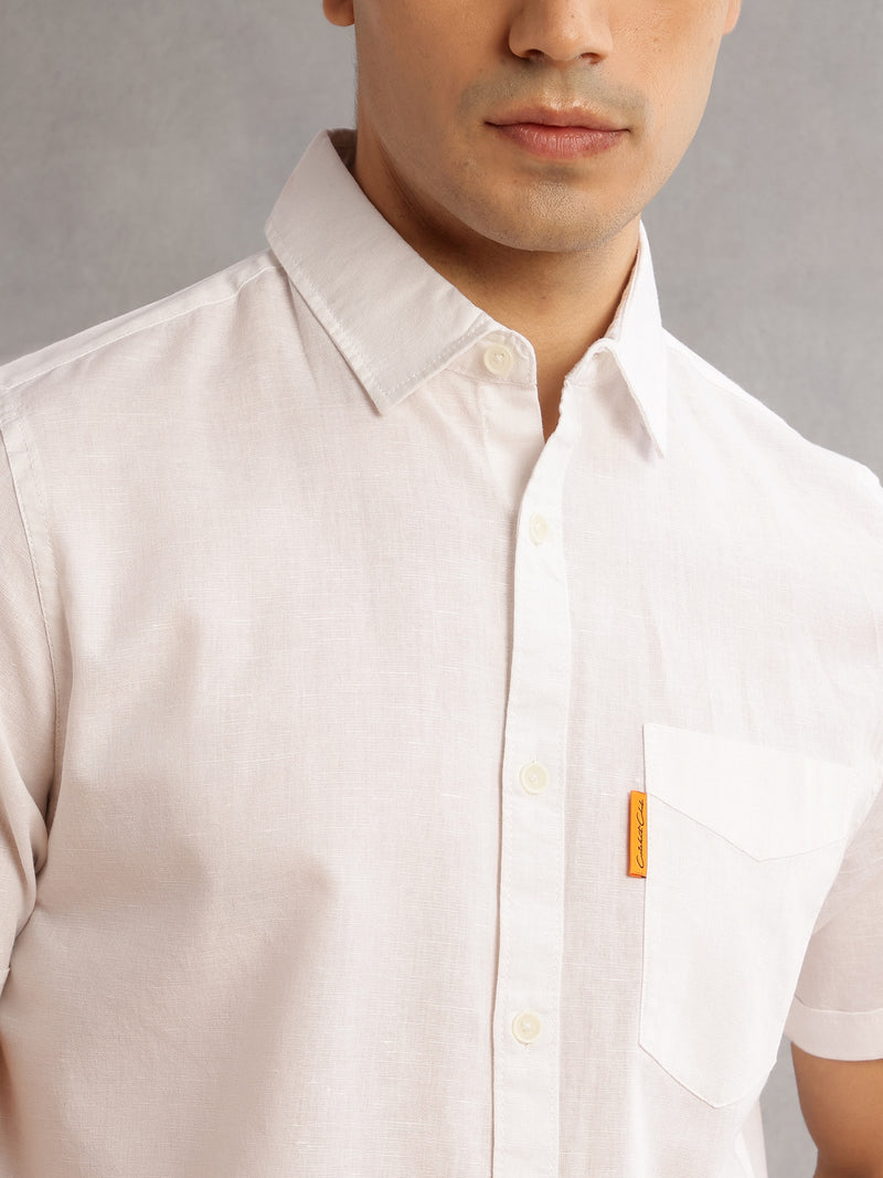 Thomas Scott Men White Cricket Club Regular Fit Short Sleeves Spread Collar Cotton Linen Casual Shirt