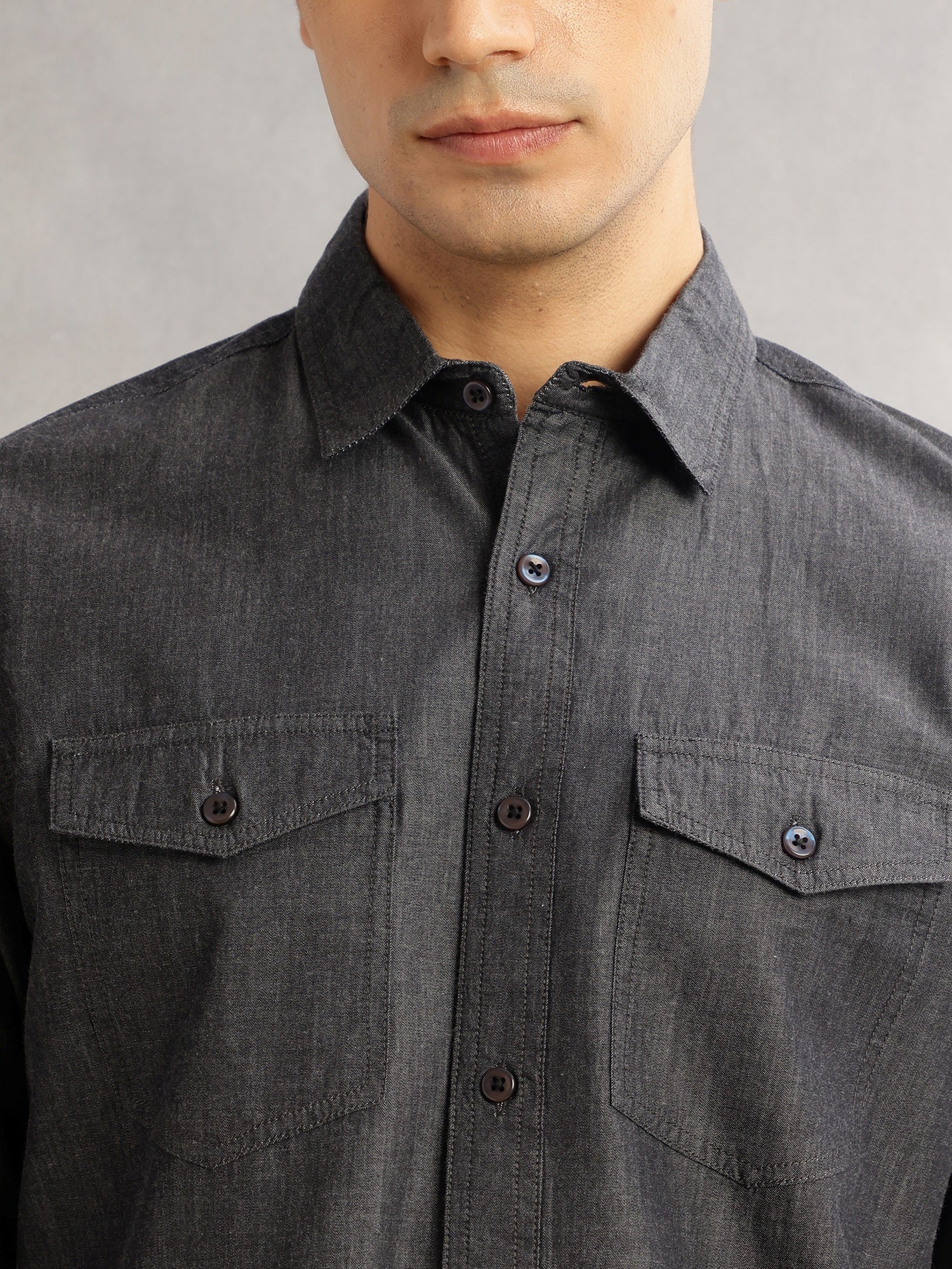 Thomas Scott Men Black Slim Fit Long Sleeves Spread Collar Chambray 100% Cotton Casual Shirt