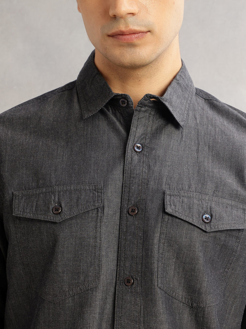 Thomas Scott Men Black Slim Fit Long Sleeves Spread Collar Chambray 100% Cotton Casual Shirt